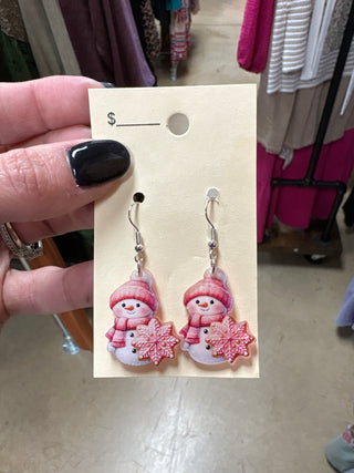 Pink Snowman Acrylic Earrings