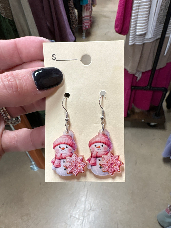 Pink Snowman Acrylic Earrings