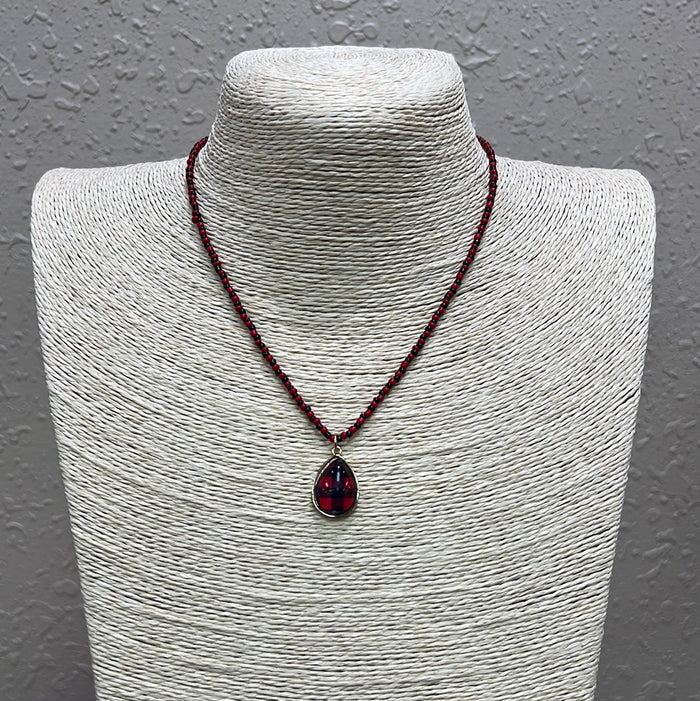 709- Red & Black Plaid Necklace w/ Pendant