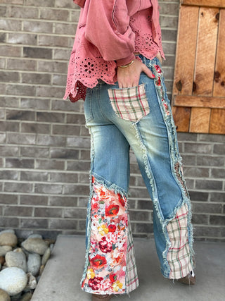 Denim Floral and Plaid Patch Wide Leg Pants - Denim *PREORDER* Oli & Hali | Dallas