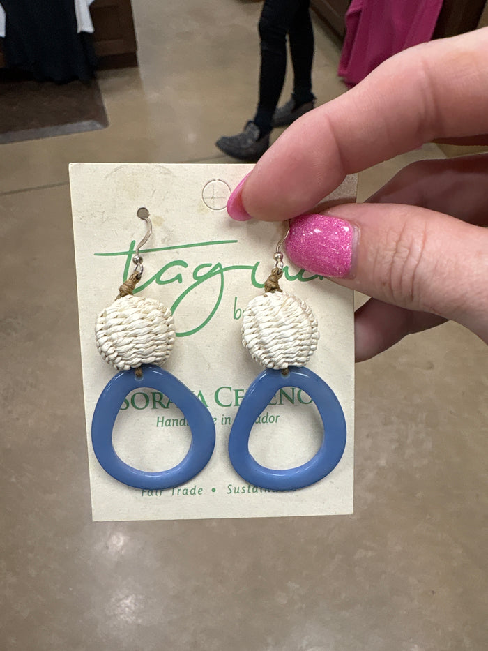 8448- Light Blue Hoop w/ Cream Woven Detail Tauga Nut Earrings