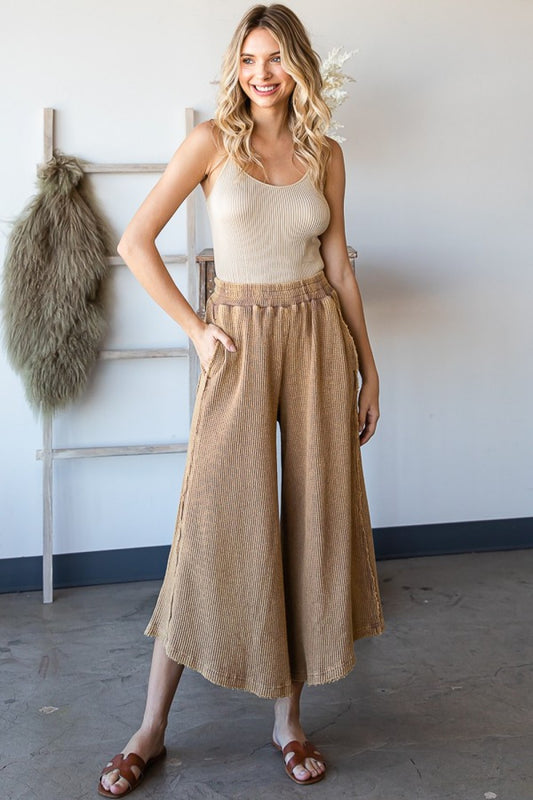 443- Mocha Washed Waffle Wide Leg Pants *OLI & HALI*