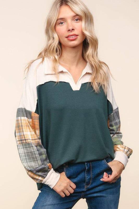 3387- Hunter Green & Oatmeal Plaid Sleeve w/ V-Neck Long Sleeve Top