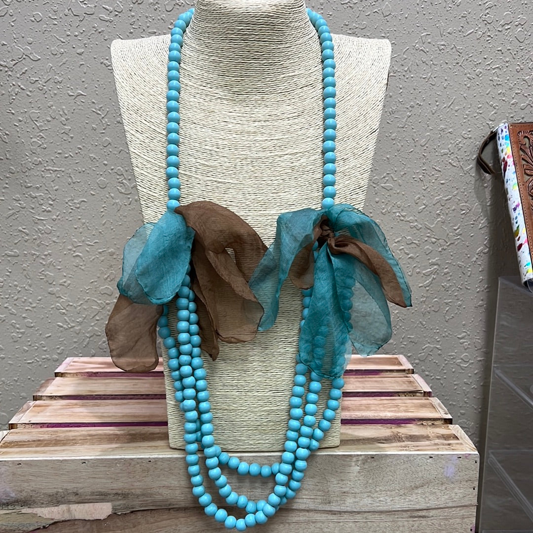 706- Turquoise Beaded Necklace w/ Brown Lace