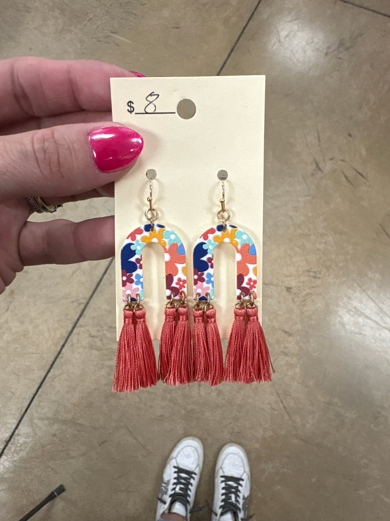 Multi Color Flower Rainbow Earring w/ Fringe