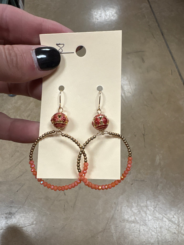Coral Beaded Hoop Earrings w/ Pendant