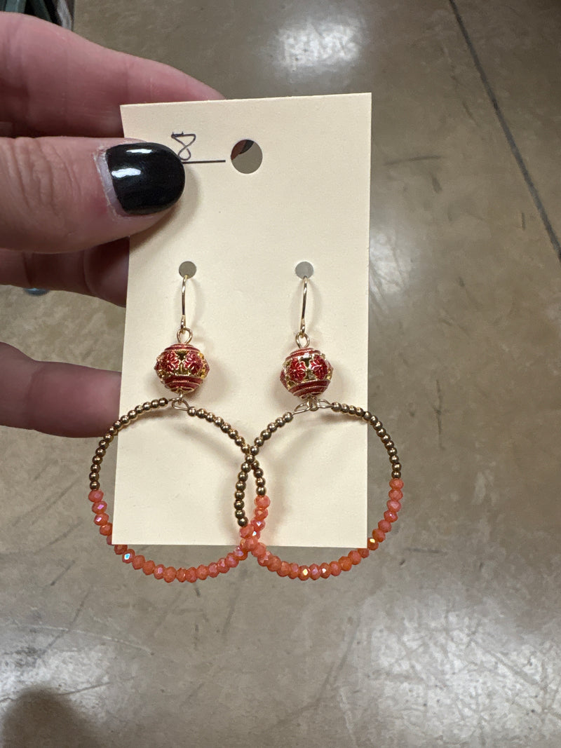 Coral Beaded Hoop Earrings w/ Pendant