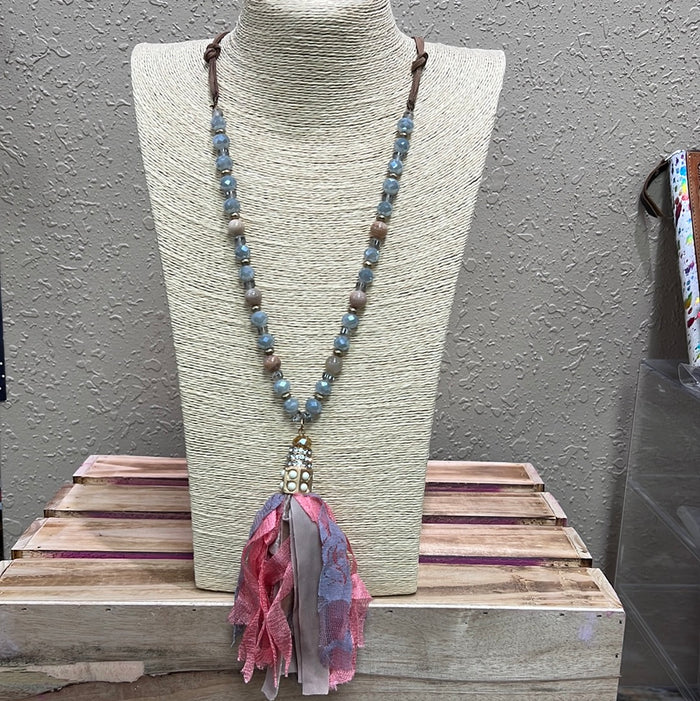 530- Pink, Lilac, and Mauve Lace Tassel Necklace