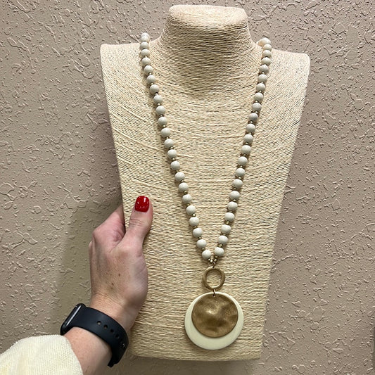 483- Cream Wooden Beaded Necklace w/ Pendant