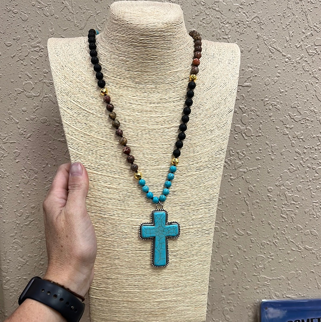 10198- Turquoise Cross w/ Precious Stone Necklace