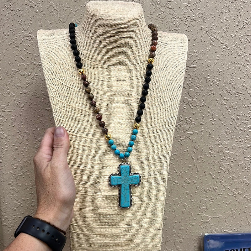 10198- Turquoise Cross w/ Precious Stone Necklace