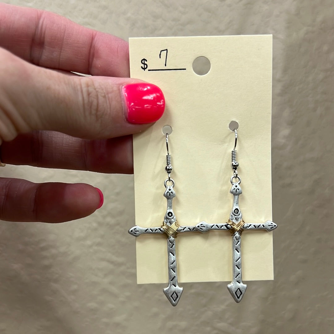 2216- Silver Detail Cross Earrings