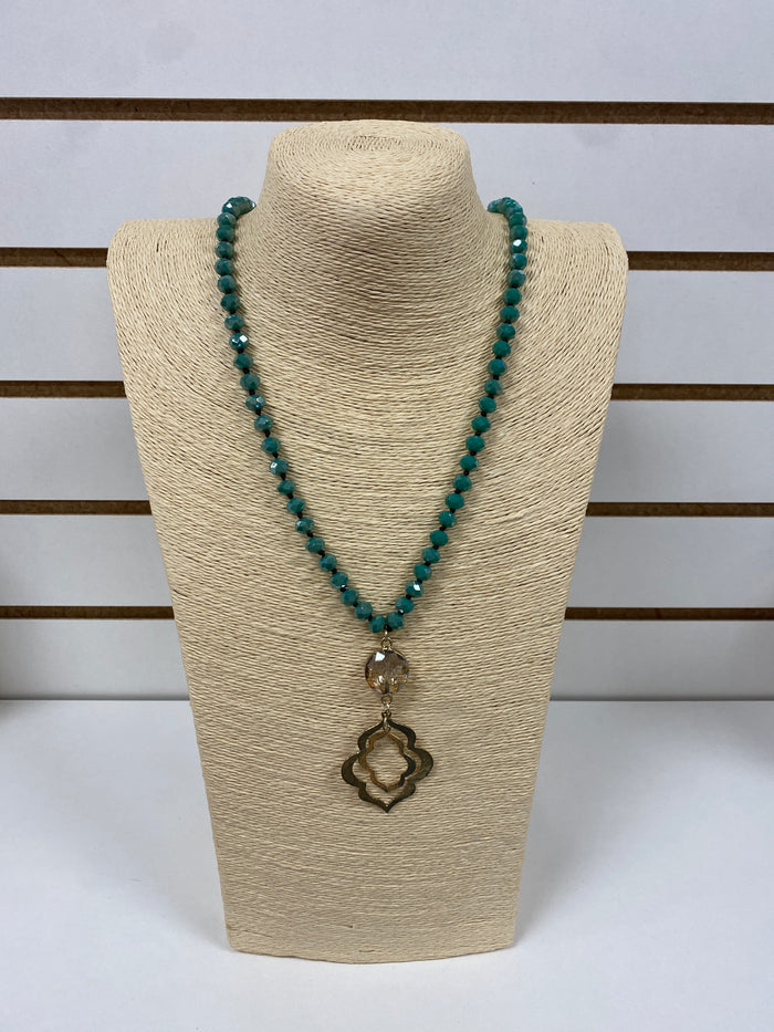 2839- Teal Beaded Necklace w/ Gold Pendant