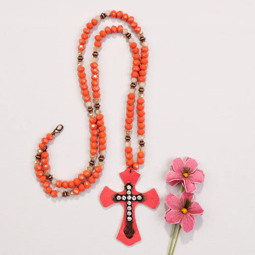 2708- Crystal Leather Cross Necklace - Coral