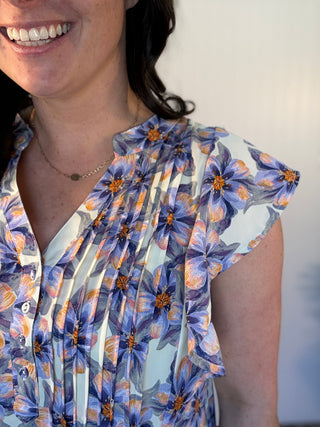Orange and Blue Floral Pintuck Ruffle Sleeve Dress