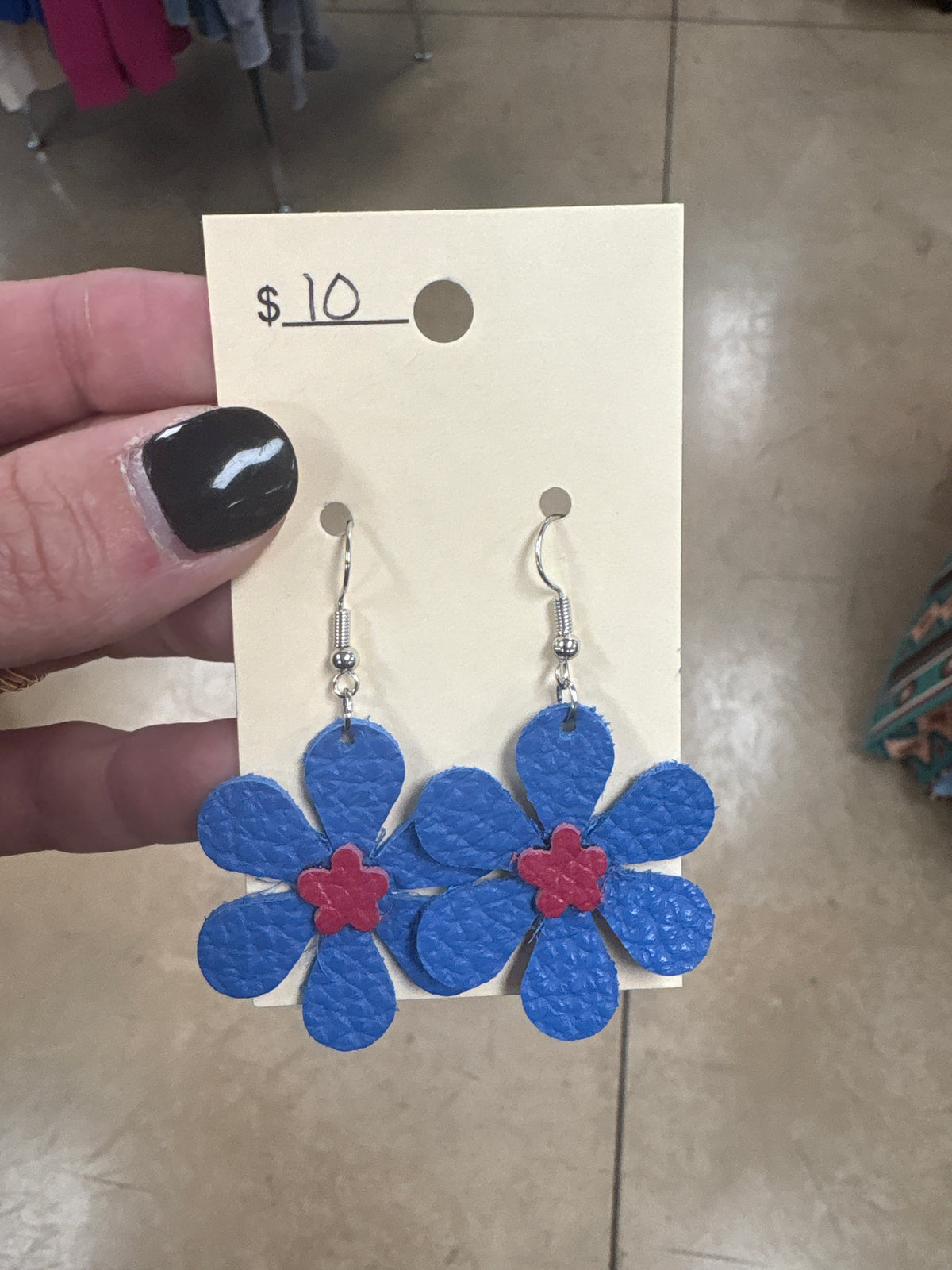 Blue & Red Daisy Faux Leather Earrings