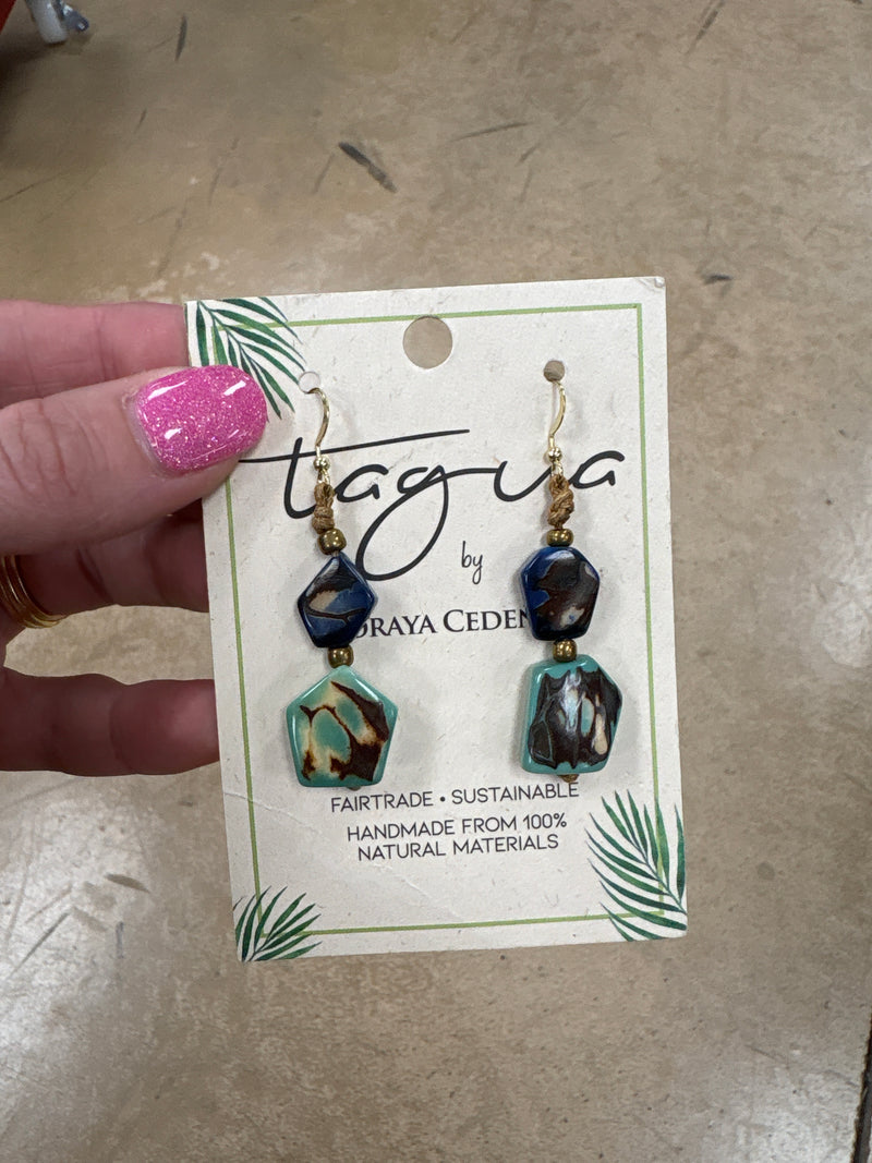 8404- Teal & Blue Stack Tauga Nut Earrings