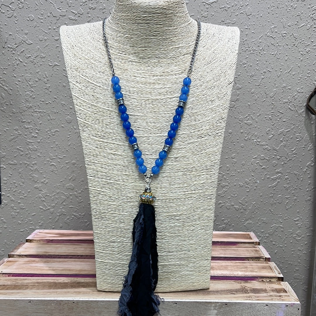 591- Blue Beaded Necklace w/ Black & Navy Tassel