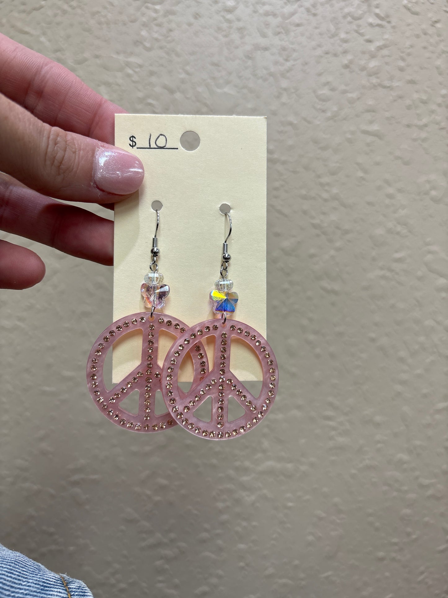 3590- Pink Bling Peace Sign Earrings