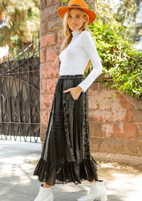 3832- Women Patchwork Embroidered Maxi Skirt With Side Pockets: CHARCOAL TRIM