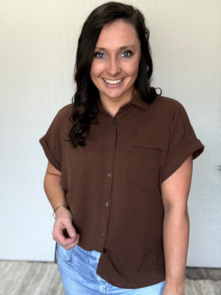 Brown Airflow Button-Down Hi-Low Shirt by Zenana