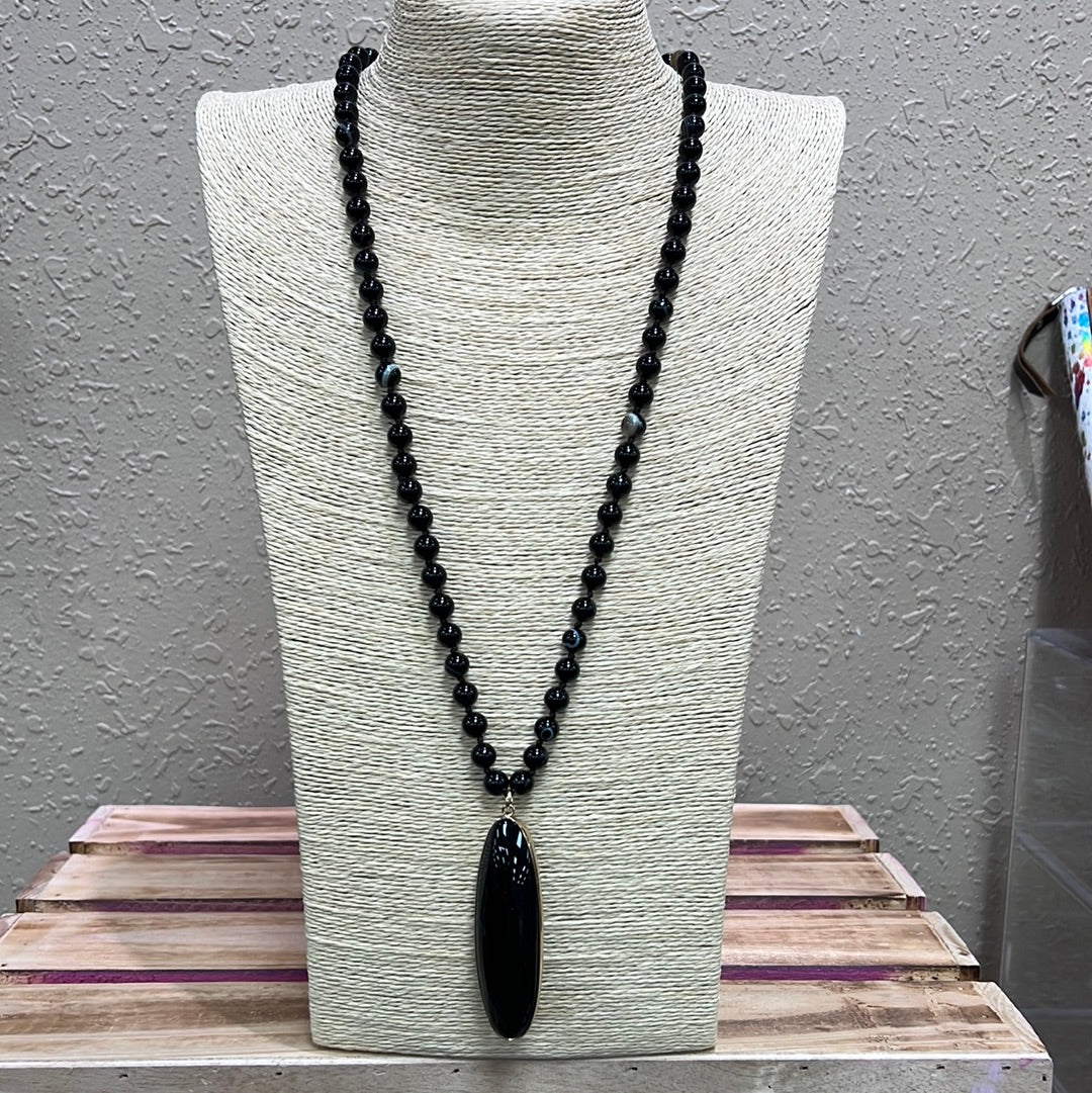 543- Black Beaded Necklace w/ Slim Pendant