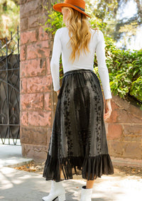3832- Women Patchwork Embroidered Maxi Skirt With Side Pockets: CHARCOAL TRIM