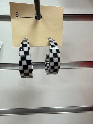 Black White checkered Hoop Earrings