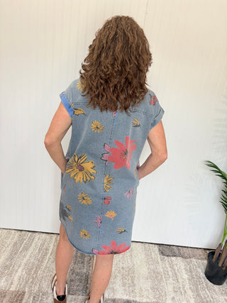 Denim Dress w/ Folded Cuff Button Down Collared Flowers