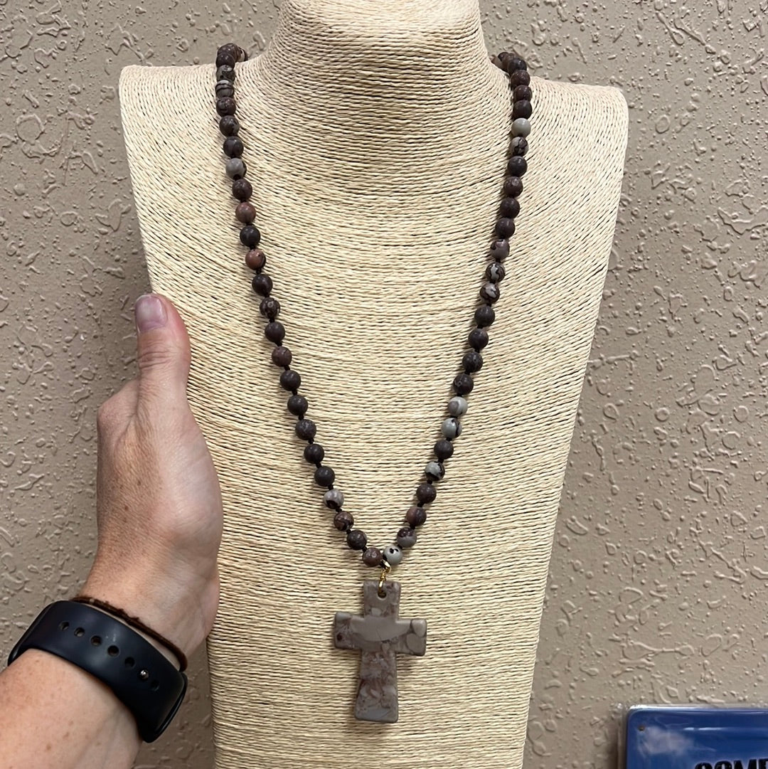 10196- Plum Beaded Necklace w/ Cross Pendant