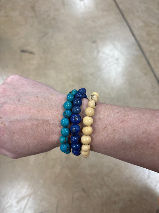 8405- Teal, Blue, & Cream Taiga Nut Stretch Bracelet (set of 3 individual bracelets)