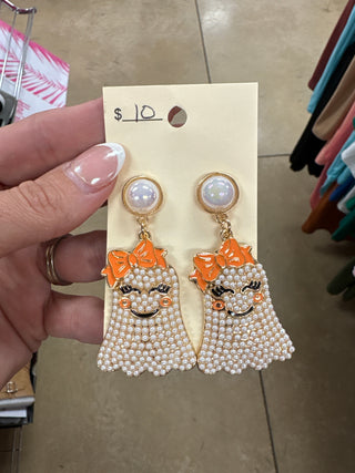 White Ghost w/ Orange Bow Pearl Beaded Earrings