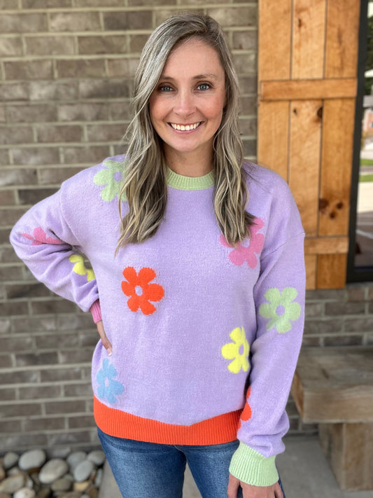 2725- Lilac Multi Color Daisy Sweater