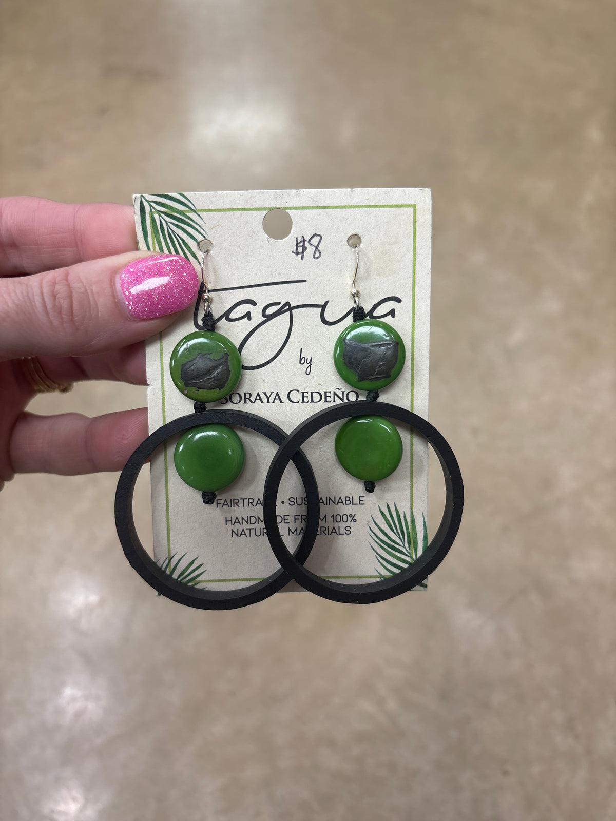 8437- Green with Black Hoop Detail Tauga Nut Earrings