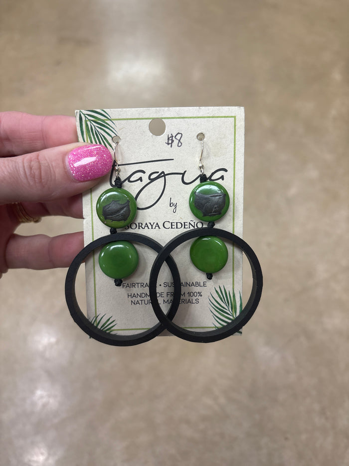 8437- Green with Black Hoop Detail Tauga Nut Earrings