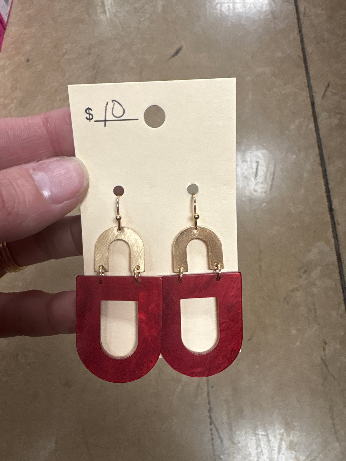 Dark Red Half Oval Earrings w/ Gold