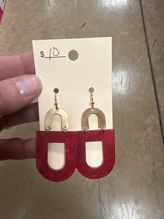 Dark Red Half Oval Earrings w/ Gold