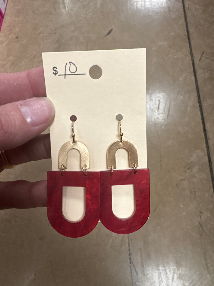 Dark Red Half Oval Earrings w/ Gold