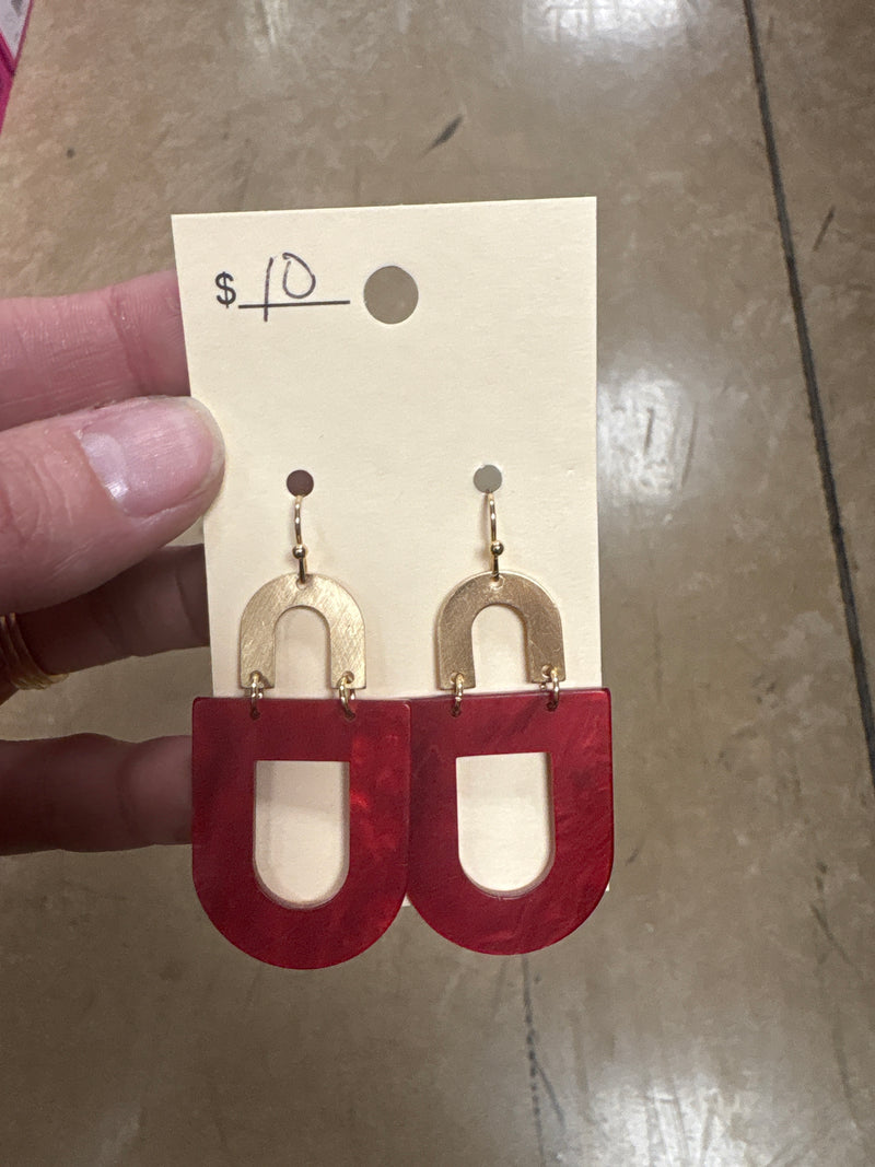 Dark Red Half Oval Earrings w/ Gold