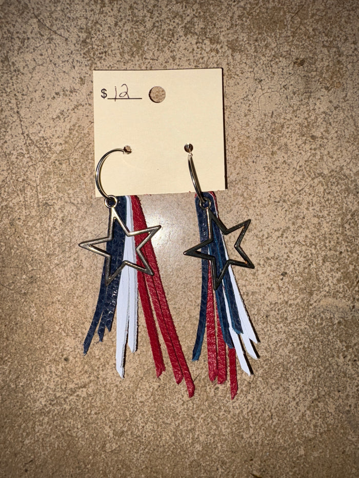 Red, White, Blue Fringe Layer Earrings w/ Stars