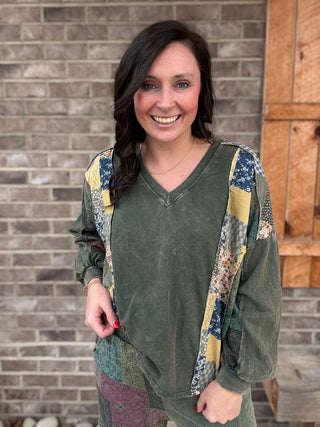 Olive Mineral Washed Boho Block Patch Top by J. Her