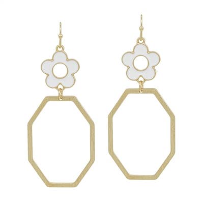 White Enamel Flower with Open Octagon 2" Earring