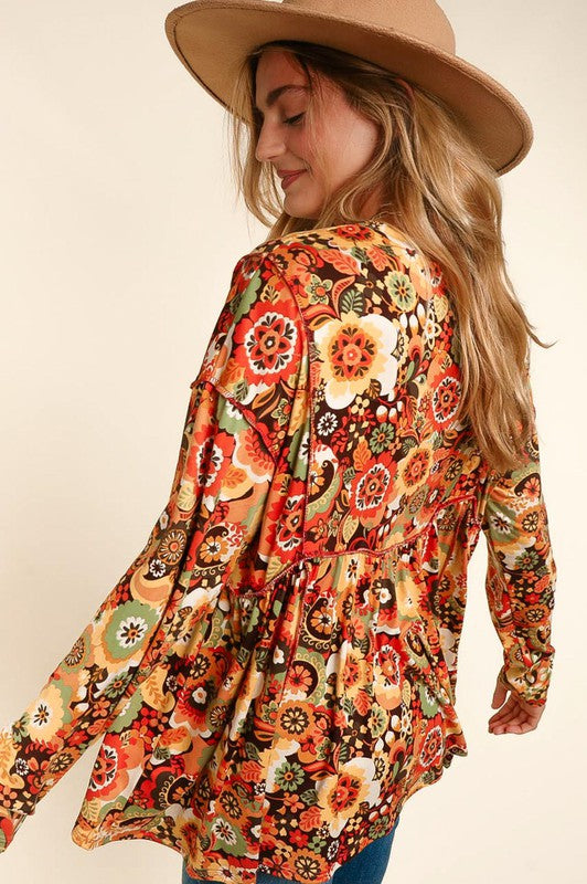 10203- Rust, Olive, & Mustard Mix Babydoll Floral Print Long Sleeve Top