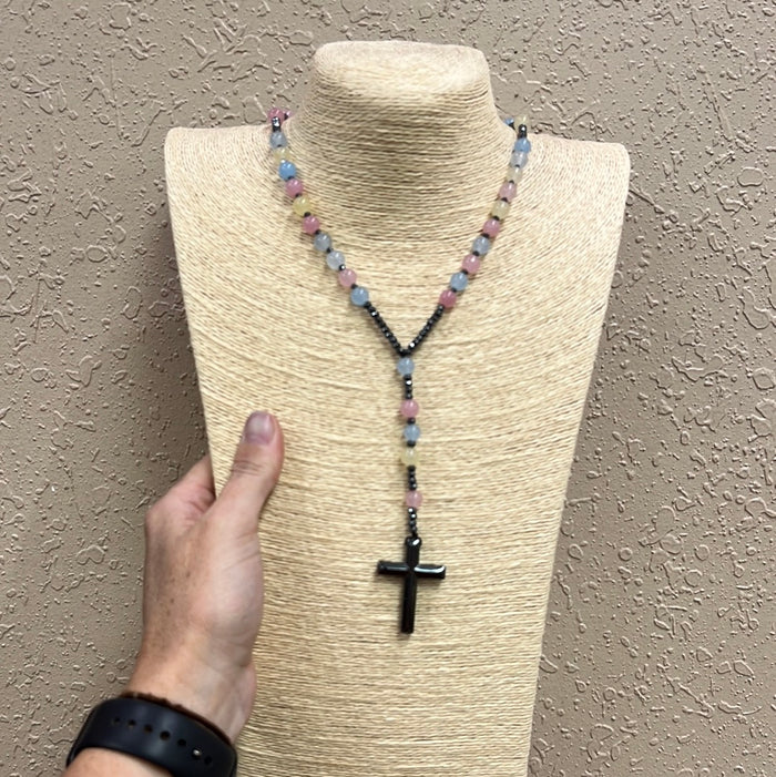 10194- Pale Blue & Pink Necklace w/ Cross Dangle Pendant