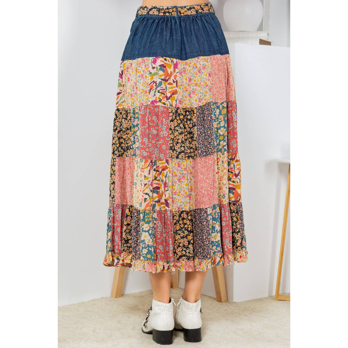 2565- Patchwork Serenade: Overdyed Long Skirt With Tiered Denim: Latte