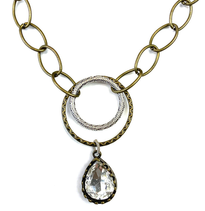 Short Thick Chain w/Rings & Bling Tear Drop Necklace
