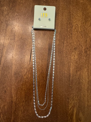 Silver Three Layered Necklace and Silver stud Earrings