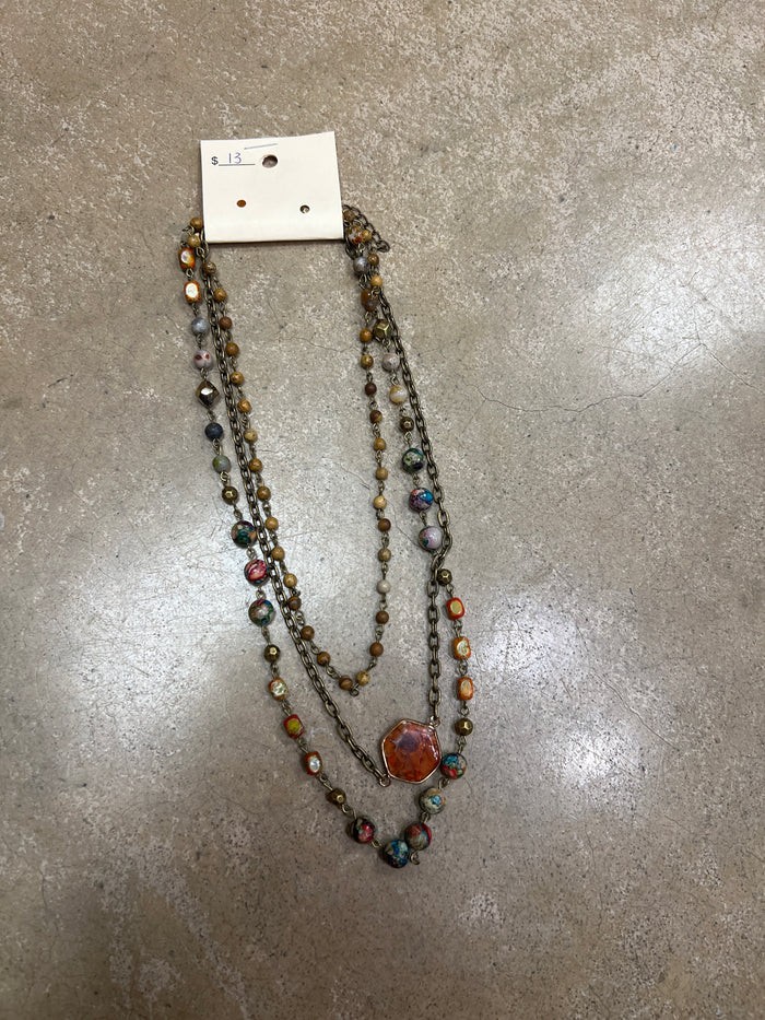 2797- Natural Stone w/ Color Mix Layer Necklace & Orange Pendant