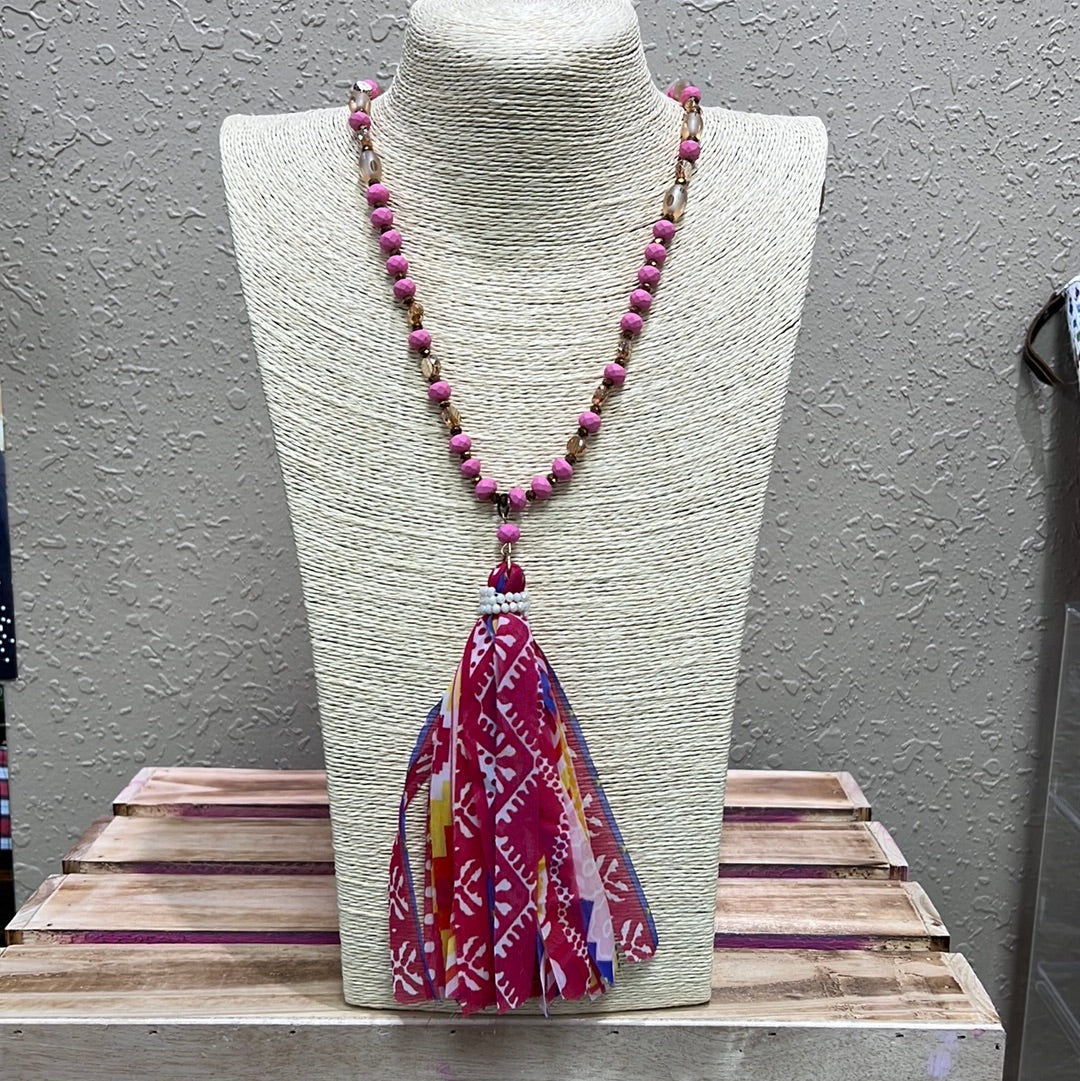 625- Pink, Purple, and Yellow Aztec Tassel Necklace