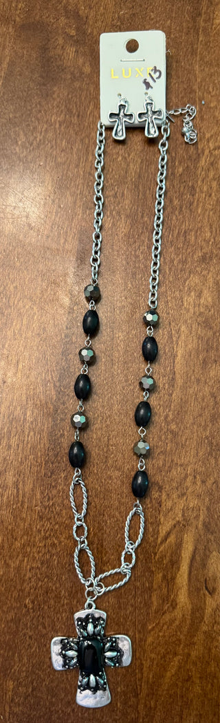 Black/Silver Cross Necklace Earrings Set
